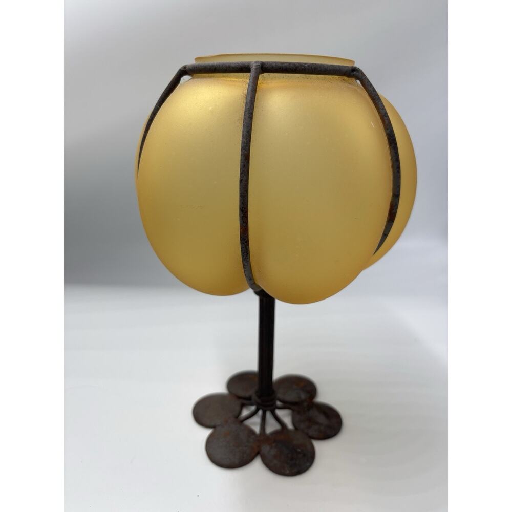 Vintage Art Deco Handblown Caged Amber Glass Wrought Iron Pedestal Candle Holder